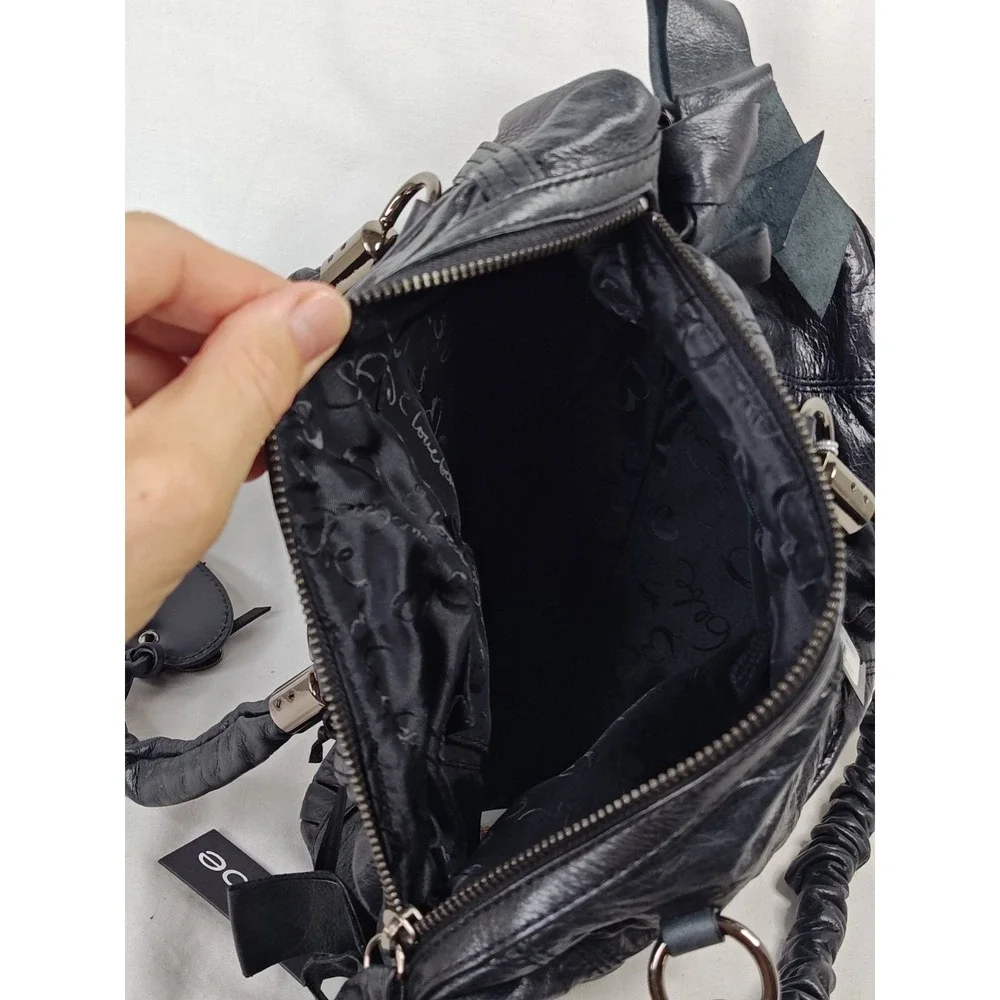 bebe Jagger Black Cowhide Leather Ruched Bow Satchel Shoulder Bag Purse NWT
